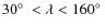 $30\hbox{$^\circ$ }< \lambda < 160\hbox{$^\circ$ }$