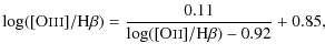 $\displaystyle \log([{\rm O}\mathsc{iii}]/{\rm H}\beta)=\frac{0.11}{\log([{\rm O}\mathsc{ii}]/{\rm H}\beta)-0.92}+0.85,$