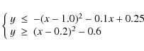 \begin{displaymath}\left\{ \begin{array}{lll}
y & \le & -(x-1.0)^{2}-0.1x+0.25\\
y & \ge & (x-0.2)^{2}-0.6\end{array}\right.
\end{displaymath}