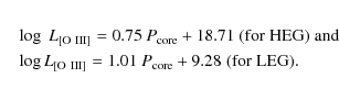 \begin{eqnarray*}&& \log \; L_{\rm [O~III]} = 0.75 ~ P_{\rm core} + 18.71 \; ({\...
...\rm [O~III]} = 1.01 ~ P_{\rm core} + 9.28 \; ({\rm for \; LEG}).
\end{eqnarray*}