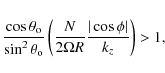 \begin{displaymath}\frac{\cos \theta_{\rm o}}{\sin^2 \theta_{\rm o}}\left(\frac{N}{2\Omega
R}\frac{\vert\cos \phi \vert}{k_z}\right)>1,
\end{displaymath}
