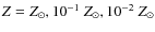 $Z = Z_{\odot}, 10^{-1}~Z_{\odot}, 10^{-2}~Z_{\odot}$