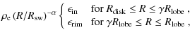 $\displaystyle \rho_{\rm e}\left(R/R_{\rm sw}\right)^{-\alpha}
\left\{
\begin{ar...
...a R_{\rm lobe}\le R\le R_{\rm lobe}$ },\nonumber\\
\end{array}\right.\nonumber$