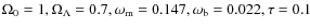 $\Omega_0=1, \Omega_\Lambda=0.7, \omega_{\rm m}=0.147,
\omega_{\rm b}=0.022, \tau=0.1$