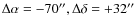 $\Delta \alpha =-70'', \Delta \delta =+32''$