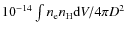$10^{-14}\int n_{\rm e} n_{\rm H} {\rm d}V/4\pi D^2$