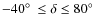 $-40\hbox{$^\circ$ }\leq \delta\leq 80\hbox{$^\circ$ }$