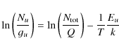 \begin{displaymath}{\rm {ln}}\left(\frac{N_u}{g_u}\right)={\rm {ln}}\left(\frac{N_{\rm {tot}}}{Q}\right)-\frac{1}{T}\frac{E_u}{k}
\end{displaymath}