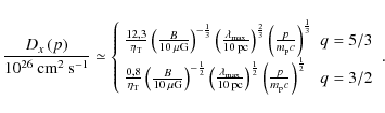 \begin{displaymath}
\frac{D_{x}\left(p\right)}{10^{26}\:{\rm cm^{2}~s^{-1}}} \si...
...{m_{\rm p}c}\right)^{\frac{1}{2}} & q=3/2
\end{array}\right. .
\end{displaymath}