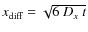 $x_{{\rm diff}}=\sqrt{6~D_{x}~t}$
