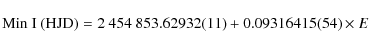 \begin{displaymath}{\rm Min~I\ (HJD}) = 2~454~853.62932 (11) + 0.09316415 (54) \times E
\end{displaymath}
