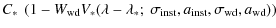 $\displaystyle C_{*}~\left(1-W_{\rm wd} V_{*}(\lambda-\lambda_{*};~\sigma_{\rm inst}, a_{\rm inst}, \sigma_{\rm wd}, a_{\rm wd})\right)$