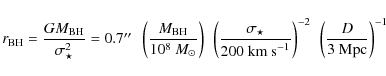 \begin{displaymath}r_{\rm BH}=\frac{GM_{\rm BH}}{\sigma^2_{\star}} = 0.7
\hbox{$...
...~s}^{-1}}\right)^{-2}
~\left(\frac{D}{3~{\rm Mpc}}\right)^{-1}
\end{displaymath}