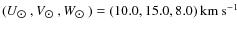 $(U_{\hbox{$\odot$ }}, V_{\hbox{$\odot$ }}, W_{\hbox{$\odot$ }})=(10.0, 15.0, 8.0)~{\rm km~s^{-1}}$