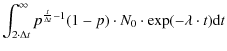 $\displaystyle \int_{2\cdot\Delta t}^{\infty}p^{\frac{t}{\Delta t}-1}(1-p)\cdot N_0\cdot \exp(-\lambda\cdot t) {\rm d}t$