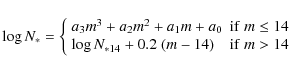 \begin{displaymath}\log{N_*} =
\left\{
\begin{array}{lr}
a_3 m^3 + a_2 m^2 + a...
...N_{*14}} + 0.2\; (m-14) & {\rm if } ~m > 14
\end{array}\right.
\end{displaymath}