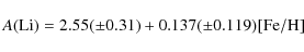 \begin{displaymath}A(\rm Li)=2.55(\pm0.31) + 0.137(\pm0.119)\rm [Fe/H]\\
\end{displaymath}