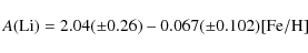\begin{displaymath}A(\rm Li)=2.04(\pm0.26) - 0.067(\pm0.102)\rm [Fe/H]\\
\end{displaymath}