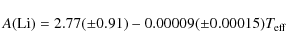 \begin{displaymath}A(\rm Li)=2.77(\pm0.91) - 0.00009(\pm0.00015){\it T}_{\rm eff} \\
\end{displaymath}