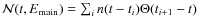 ${\cal N}(t,E_{\rm main}) = \sum_{i} n(t-t_i)\Theta(t_{i+1}-t)$