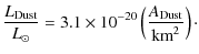 $\displaystyle %
\frac{L_{\rm Dust}}{L_{\odot}} = 3.1 \times 10^{-20} \left (\frac{A_{\rm Dust}}{\textrm{km}^{2}} \right)\cdot$