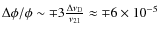 $\Delta\phi/\phi\sim \mp3\frac{\Delta\nu_{\rm D}}{\nu_{21}}\approx \mp6 \times 10^{-5}$