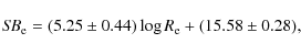 \begin{displaymath}
{\mathit{SB}}_{\rm e} = (5.25 \pm 0.44) \log{R_{\rm e}} + (15.58 \pm 0.28),
\end{displaymath}