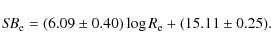 \begin{displaymath}
{\mathit{SB}}_{\rm e} = (6.09 \pm 0.40) \log{R_{\rm e}} + (15.11 \pm 0.25).
\end{displaymath}