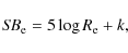 \begin{displaymath}
{\mathit{SB}}_{\rm e} = 5 \log{R_{\rm e}} + k,
\end{displaymath}