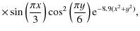 $\displaystyle \times \sin \left( \frac{\pi x}{3} \right) \cos^2\left( \frac{\pi y}{6} \right)
{\rm e}^{-8.9 (x^2+y^2)},$