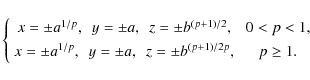 \begin{displaymath}
\left\{
\begin{array}{cc}
x=\pm a^{1/p}, ~~ y=\pm a, ~~z=\pm...
...~ y=\pm a, ~~z=\pm b^{(p+1)/2p}, &~p\geq 1.
\end{array}\right.
\end{displaymath}