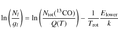\begin{displaymath}\ln\left(\frac{N_l}{g_l}\right) = \ln\left(\frac{N_{\rm {tot}...
...}{Q(T)}\right)-\frac{1}{T_{\rm {rot}}}\frac{E_{\rm {lower}}}{k}\end{displaymath}