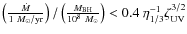 $\left( \frac{\dot{M}}{1~M_{\odot}/{\rm yr}} \right) / \left( \frac{M_{\rm BH}}{10^{8}~M_{\odot}} \right) < 0.4 ~ \eta_{1/3}^{-1} \zeta_{\rm UV}^{3/2}$