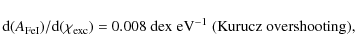 \begin{displaymath}{\rm d}(A_{\rm FeI}) / {\rm d}(\chi_{\rm exc}) = 0.008 ~ {\rm dex \; eV^{-1} \;(Kurucz \; overshooting),}
\end{displaymath}