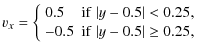 $\displaystyle v_x =
\left\{\begin{array}{ll}
0.5 & {{\rm if}~\vert y-0.5\vert < 0.25,} \\
-0.5 & {{\rm if}~\vert y-0.5\vert \geq 0.25,} \\
\end{array}\right.$