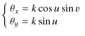 $\displaystyle \left\{
\begin{array}{l}
\theta_x = k\cos u \sin v\\
\theta_y = k\sin u
\end{array}\right.$