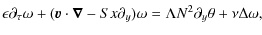 $\displaystyle \epsilon\partial_{\tau}\omega+({\vec v\cdot\vec \nabla}-Sx\partial_y)\omega = \Lambda N^2\partial_y\theta+\nu\Delta\omega,$