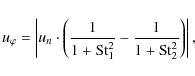 \begin{displaymath}%
u_\varphi = \left\vert u_{n} \cdot \left( \frac{1}{1+{\rm St}_1^2} - \frac{1}{1+{\rm St}_2^2} \right) \right\vert,
\end{displaymath}