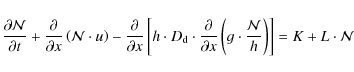 \begin{displaymath}%
\frac{\partial \ensuremath{\mathcal{N}} }{\partial t} + \fr...
...{N}} }{h}\right) \right] = K + L \cdot \ensuremath{\mathcal{N}}\end{displaymath}