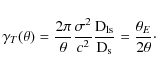 \begin{displaymath}\gamma_T(\theta)=\frac{2 \pi}{\theta}\frac{\sigma^2}{c^2}\fra...
...m D}_{\rm ls}}{{\rm D}_{\rm s}}=\frac{\theta_E}{2\theta} \cdot
\end{displaymath}