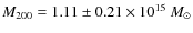 $M_{200}= 1.11\pm 0.21\times 10^{15}~M_\odot$