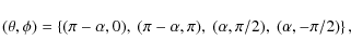 \begin{displaymath}(\theta,\phi) = \left\{ (\pi-\alpha, 0 ), ~
(\pi-\alpha, \pi ), ~
( \alpha, \pi/2), ~
( \alpha, -\pi/2)\right\} ,
\end{displaymath}