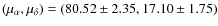 $(\mu_{\alpha},
\mu_{\delta}) = (80.52\pm 2.35, 17.10\pm 1.75)$