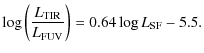 $\displaystyle %
\log \left( \frac{L_{\rm TIR}}{L_{\rm FUV}}\right) = 0.64 \log L_{\rm SF}- 5.5.$