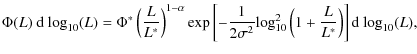 $\displaystyle \Phi(L)~{\rm d~log}_{10}(L)=
\Phi^*\left(\frac{L}{L^*}\right)^{1-...
...sigma^2}{\rm log}^2_{10}\left(1+\frac{L}{L^*}\right)\right]{\rm d~log}_{10}(L),$