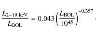 \begin{displaymath}
\frac{L_{2-10~{\rm keV}}}{L_{\rm BOL}}=0.043\left(\frac{L_{\rm BOL}}{10^{45}}\right)^{-0.357}\cdot
\end{displaymath}