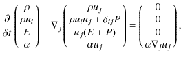 $\displaystyle %
\frac{\partial}{\partial t}\pmatrix{\rho \cr \rho u_{i} \cr E \...
...E + P) \cr \alpha u_{j}} = \pmatrix{0 \cr 0 \cr 0 \cr \alpha \nabla_{j} u_{j}},$