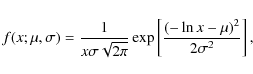 \begin{displaymath}f(x;\mu,\sigma) = \frac{1}{x\sigma\sqrt{2\pi}} \exp\left[
\frac{(-\ln x - \mu)^2}{2\sigma^2} \right] ,
\end{displaymath}