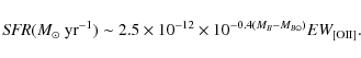 \begin{displaymath}%
{\it SFR}(M_\odot~{\rm yr}^{-1})\sim2.5\times10^{-12}\times10^{-0.4(M_B-M_{B\odot})}EW_{[{\rm OII}]}.
\end{displaymath}