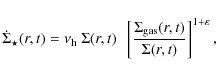 \begin{displaymath}
\dot{\Sigma}_\star(r,t) = \nu_{\rm h}~\Sigma(r,t)~
~\left[{\Sigma_{\rm gas}(r,t)\over \Sigma(r,t)} \right]^{1+\varepsilon},
\end{displaymath}